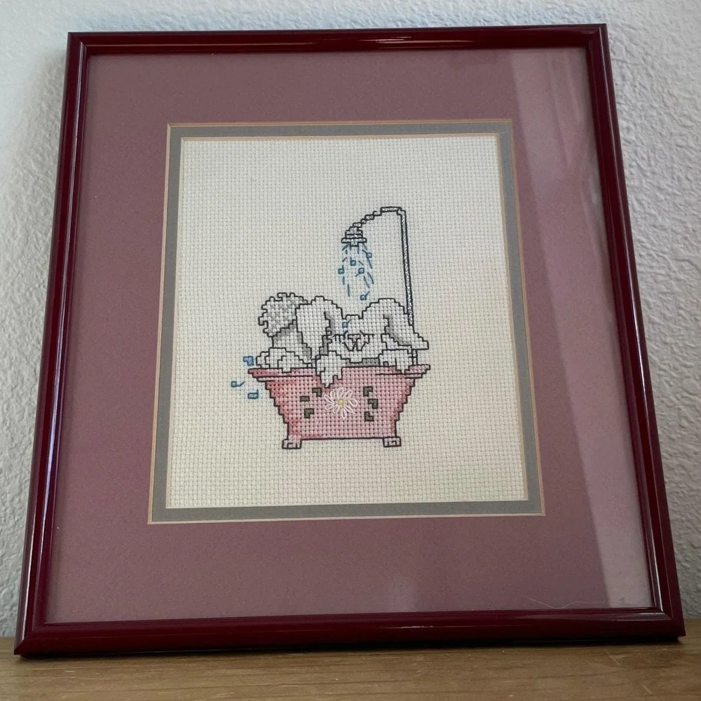 Vintage Framed Bunny Cross Stitch Cottagecore Nursery Wall Decor Burgundy Pink